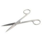 Stainless steel medical scissors with sharp blades on a white background