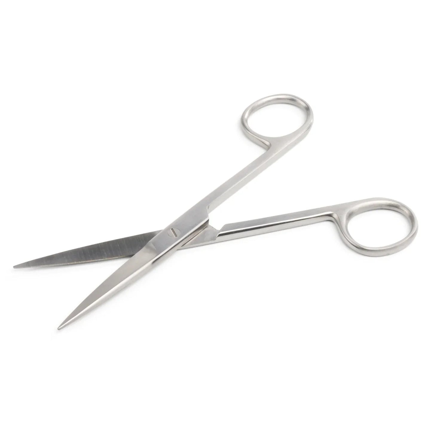 Stainless steel medical scissors with straight blades on a white background