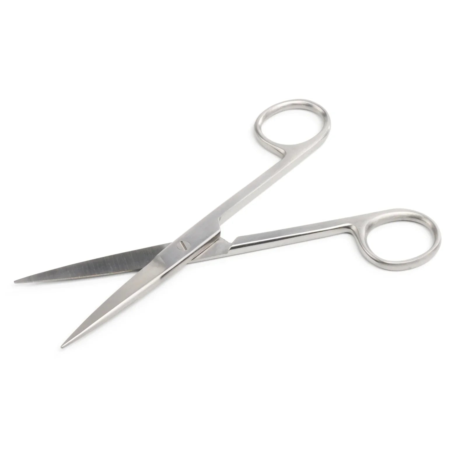 Stainless steel medical scissors with straight blades on a white background
