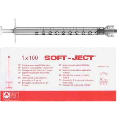 Soft-Ject 3ml sterile syringe with needle, disposable medical supply box