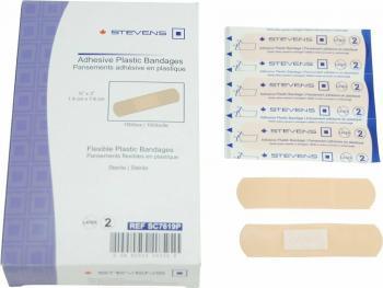 Box of adhesive plastic bandages with individually wrapped flexible bandages displayed