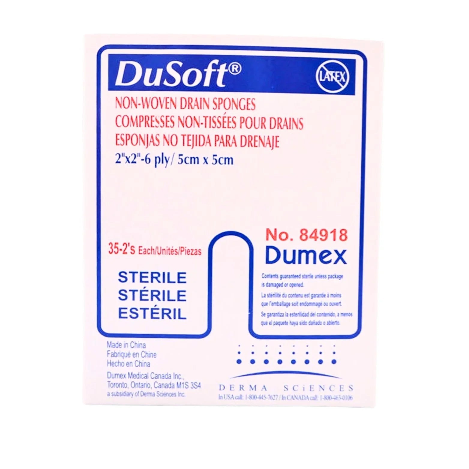 DuSoft non-woven sterile drain sponges 2x2 inch, box packaging, latex free medical supply