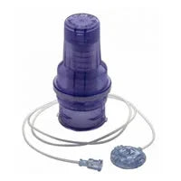 Purple IV infusion connector set with tubing and clear cap on white background