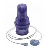 Medical IV filter set with tubing and transparent purple housing on white background