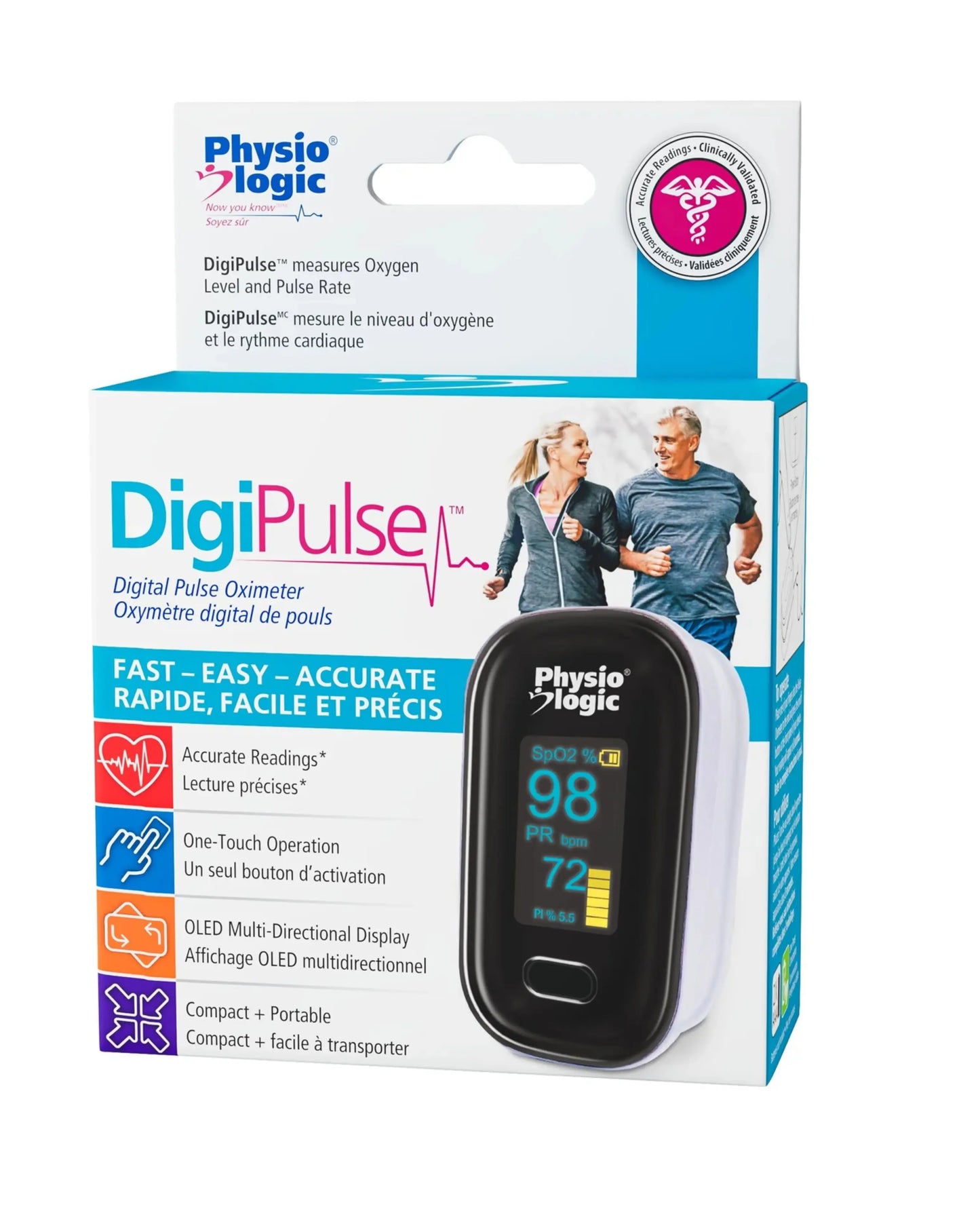 Physio Logic DigiPulse digital pulse oximeter box, displays oxygen level and pulse rate monitor