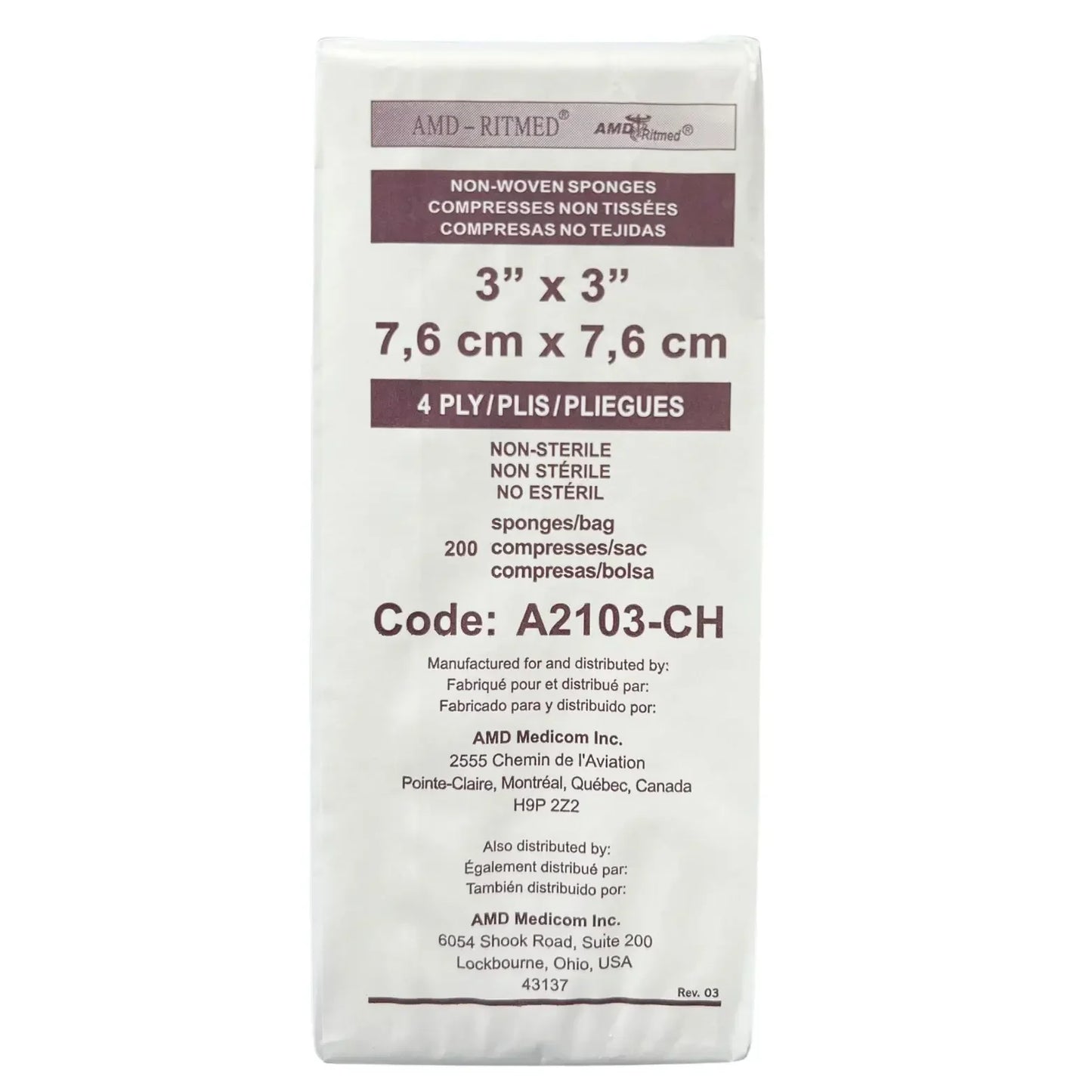 AMD Ritmed non-woven sponges 3x3 inch, 4-ply, non-sterile, 200 pack medical supplies