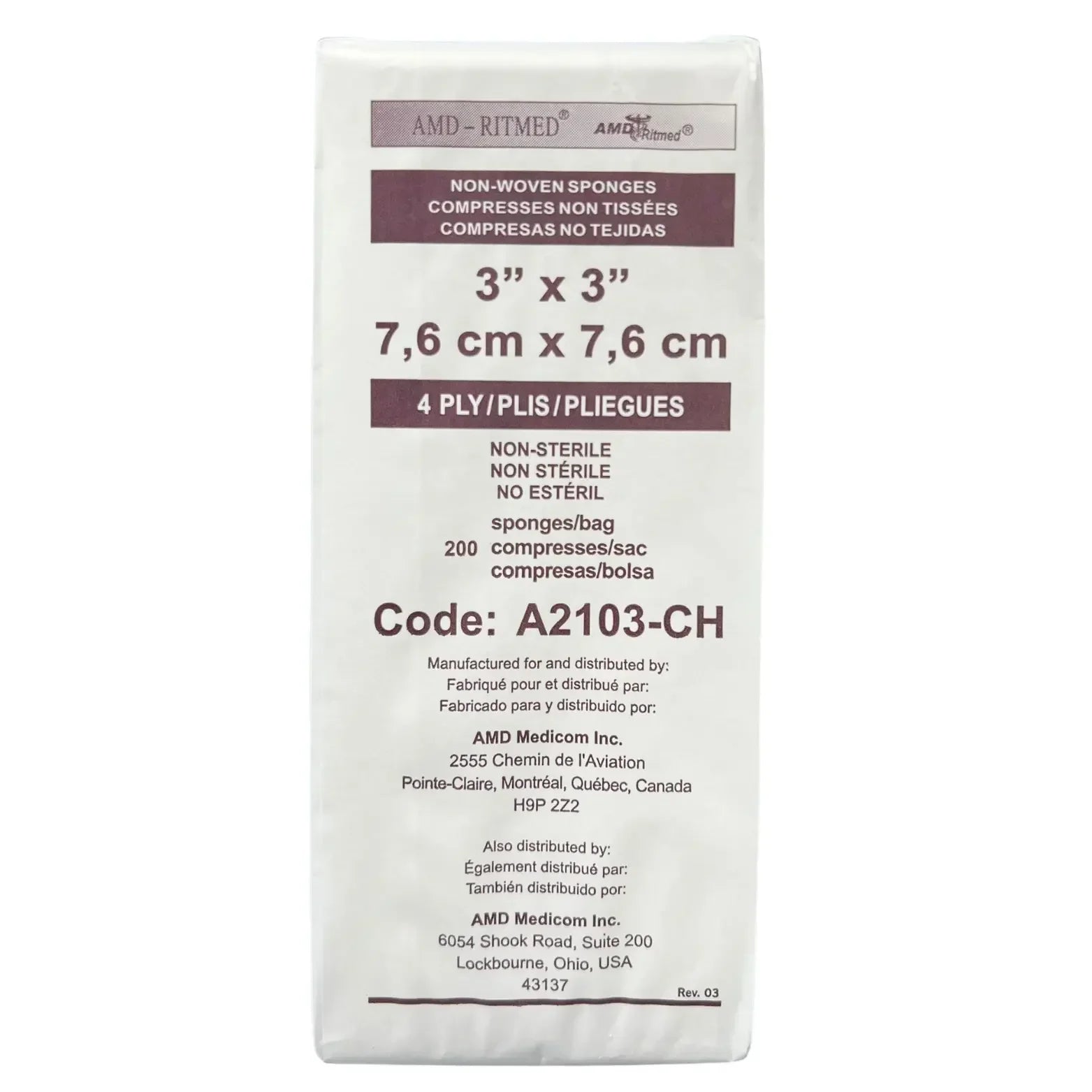 AMD-Ritmed non-woven medical sponges 3x3 inch, 4 ply, non-sterile, 200 pack