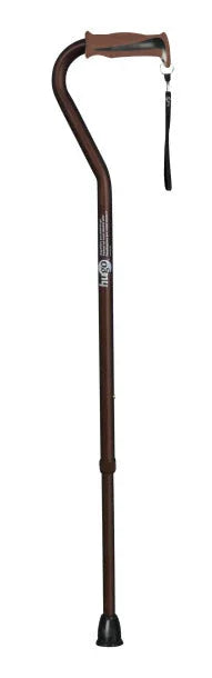 Adjustable brown walking cane with ergonomic handle and rubber tip for mobility support
