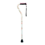 Floral adjustable walking cane with pink ergonomic handle and black wrist strap