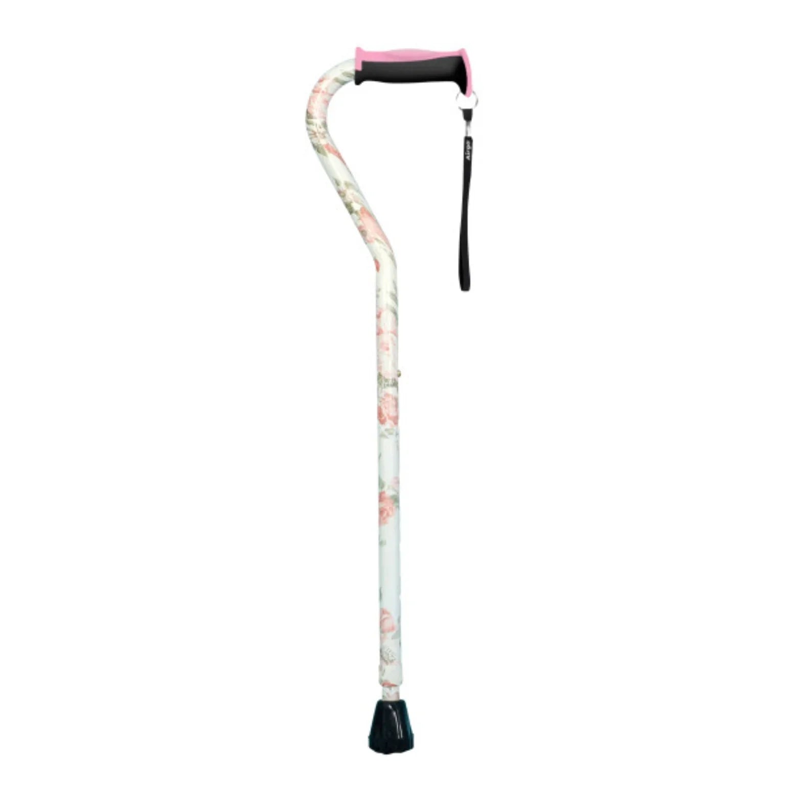 Floral walking cane with pink ergonomic handle and wrist strap for mobility support