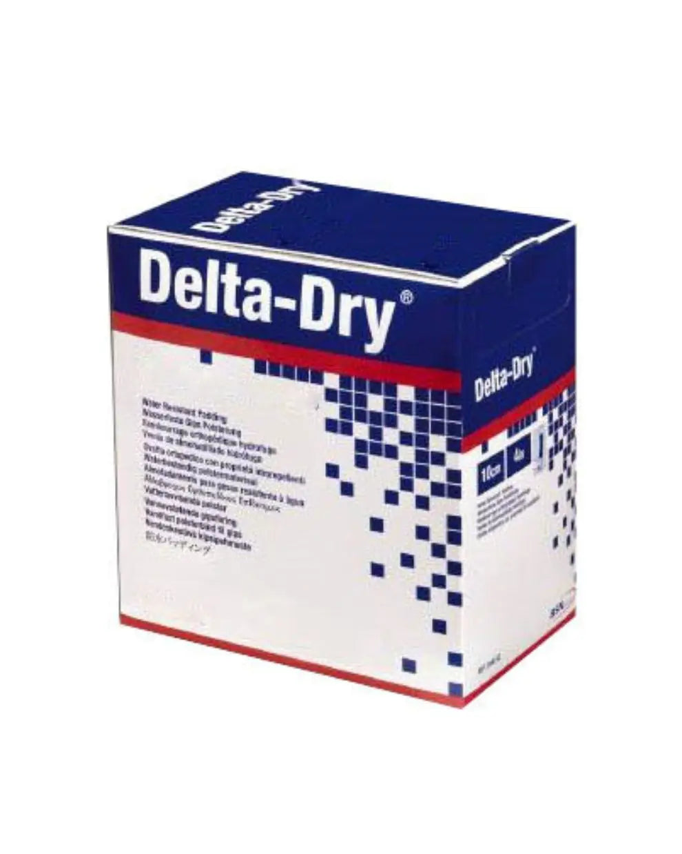 Delta-Dry water resistant padding medical supply box with blue and red design.