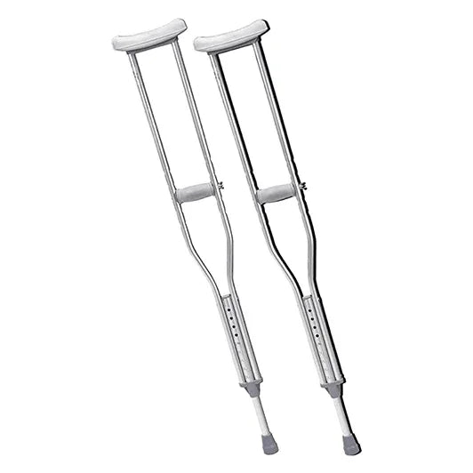 Adjustable metal crutches with padded underarm and hand grips, home care mobility aid