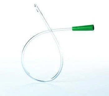 Sterile medical catheter with green tip, used for home care or hospital patient care