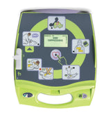 Automated external defibrillator with instructional graphics and LCD display for CPR guidance