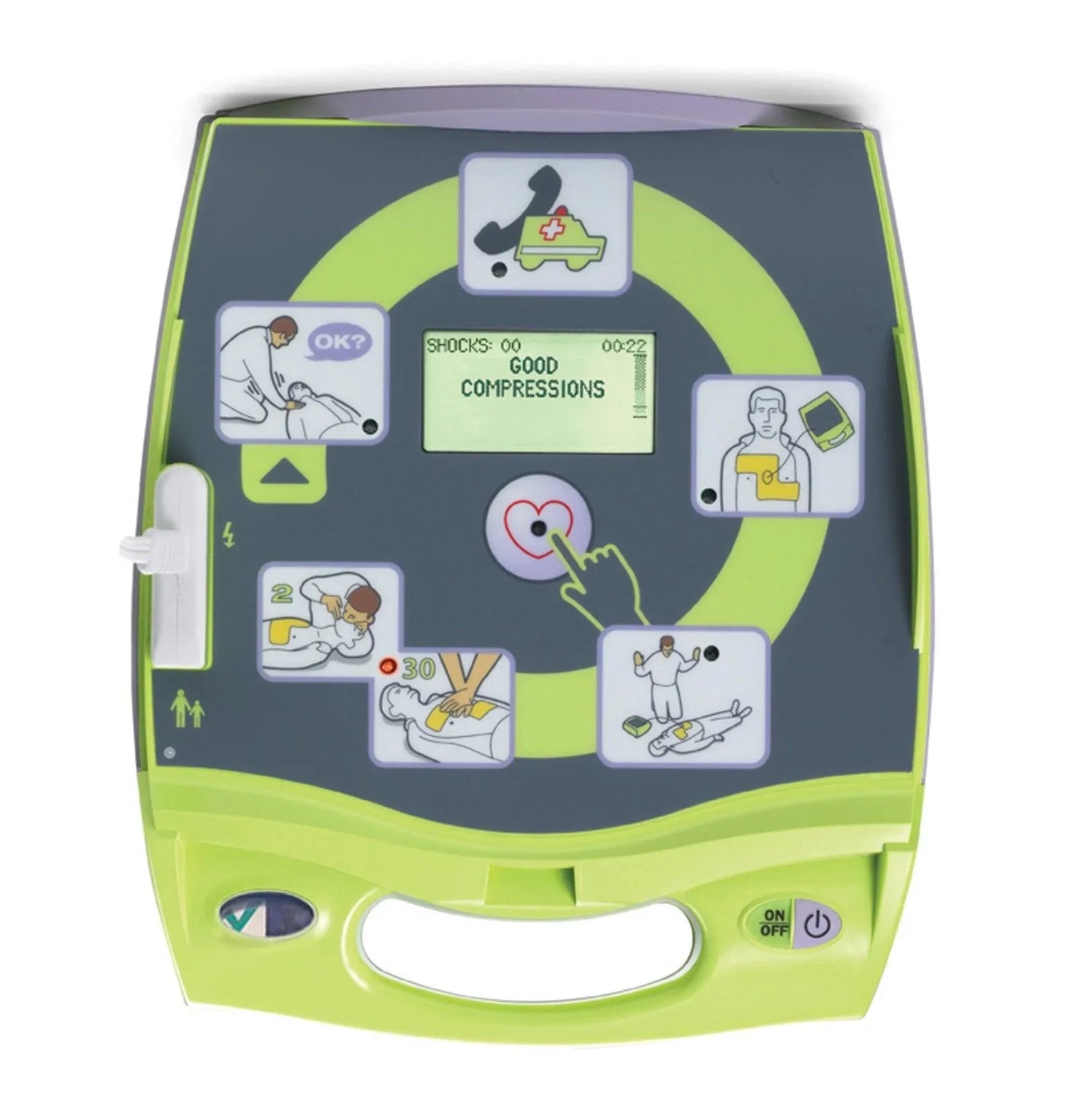 Automated external defibrillator with instructional graphics and LCD display for CPR guidance