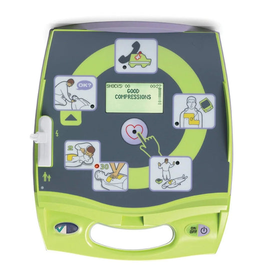 Automated external defibrillator with instructional graphics and LCD display for CPR guidance