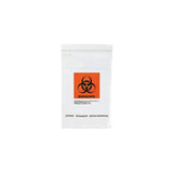 Medical biohazard specimen transport bag with orange biohazard symbol on white background