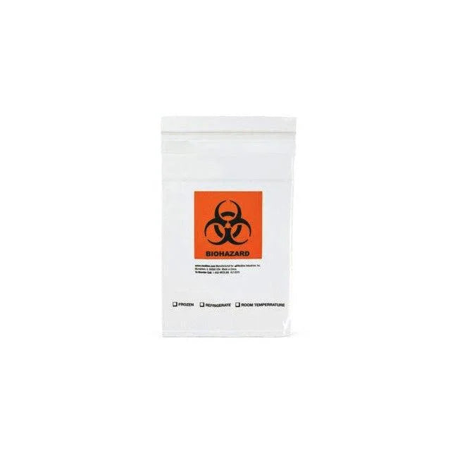 Medical biohazard specimen transport bag with orange biohazard symbol on white background