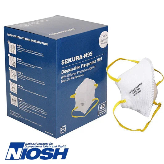 Sekura N95 disposable respirator mask with box, NIOSH approved, 40 pack, yellow straps