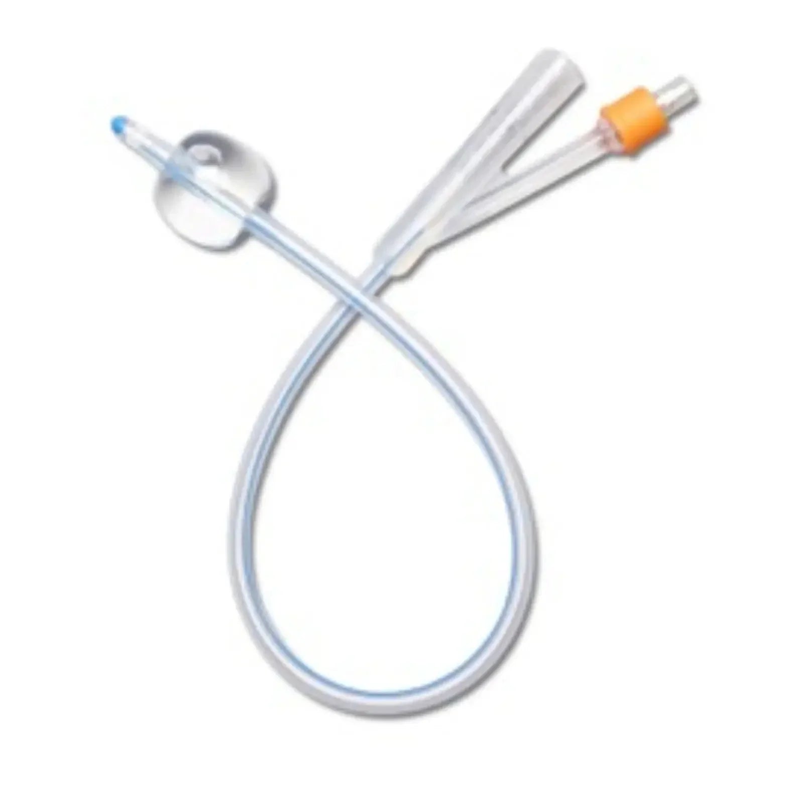 Sterile urinary Foley catheter with balloon and clear tubing on white background