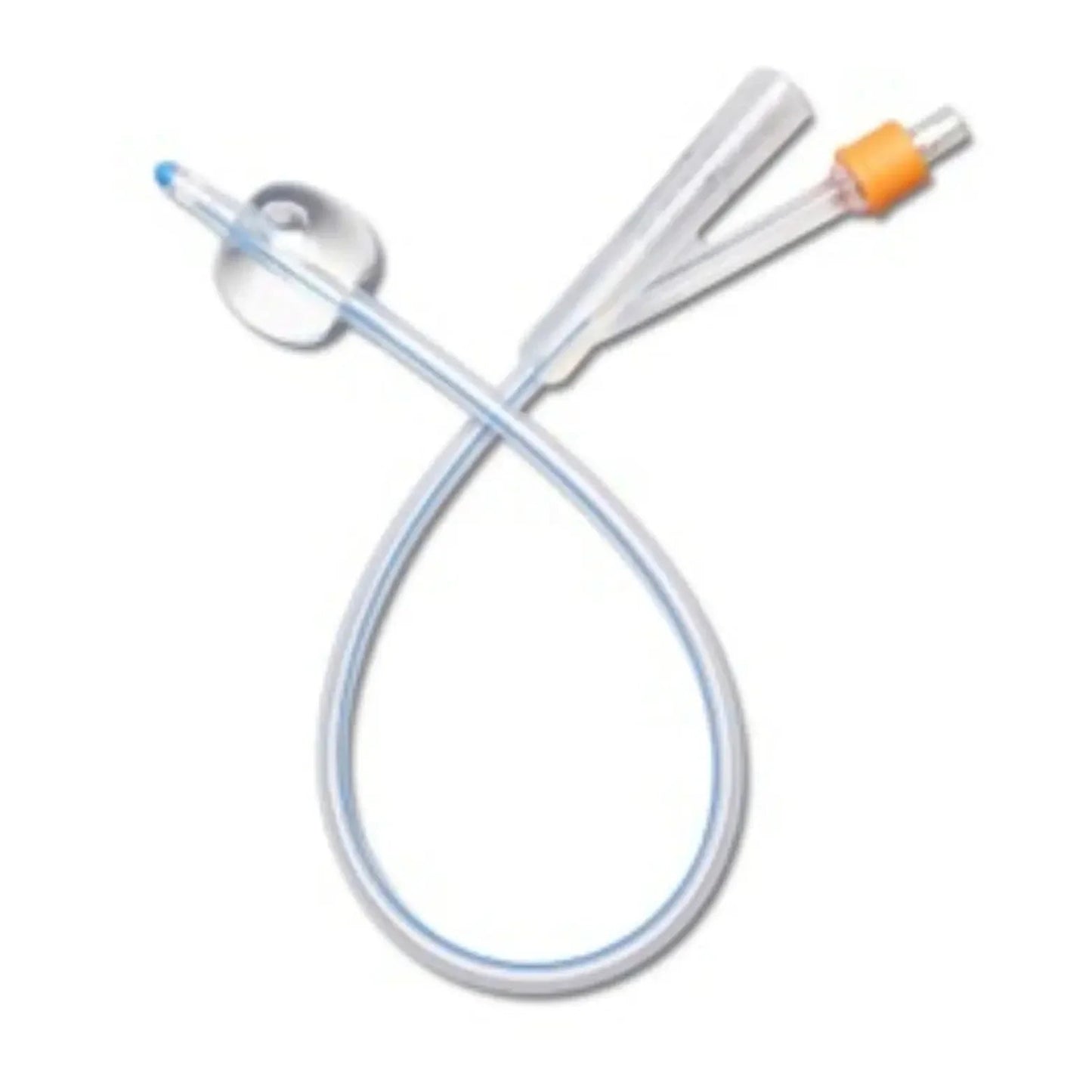 Latex Foley catheter with clear tube, balloon tip, and orange connector on white background