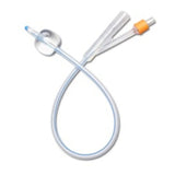 Sterile Foley catheter with balloon and drainage ports on white background for medical use