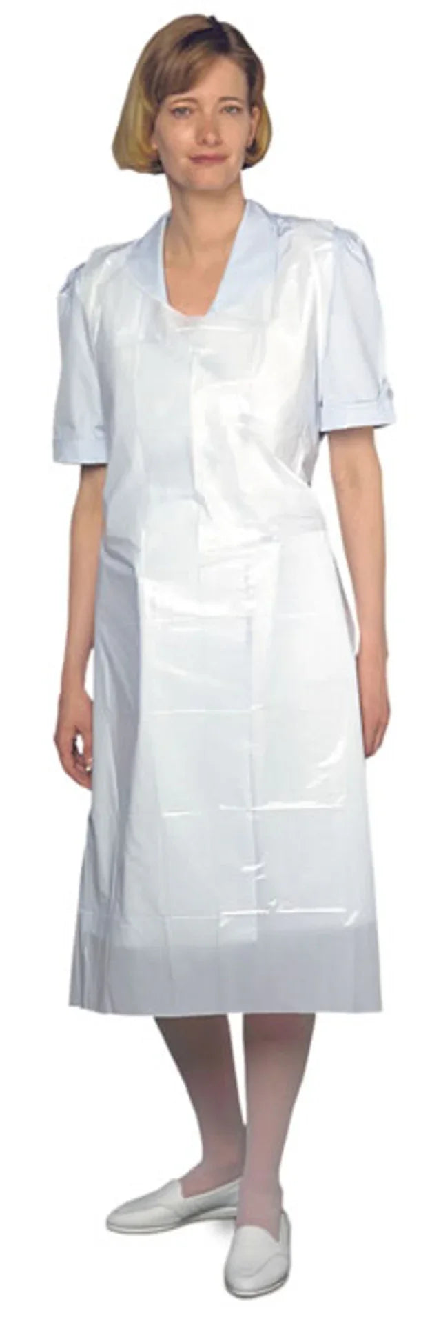Woman wearing disposable white medical apron over uniform, for healthcare or home care