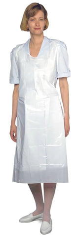 Woman wearing white disposable medical gown for home care or healthcare settings