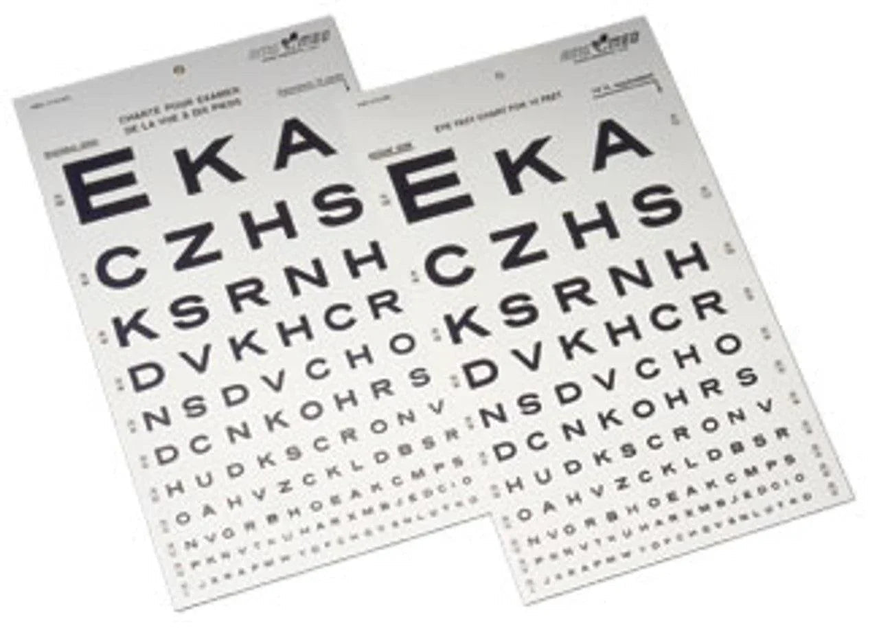 Two eye chart sheets for vision testing with black letters in descending size order