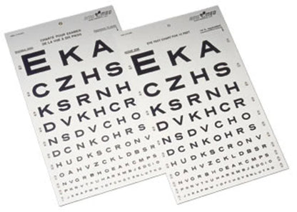 Two eye chart sheets for vision testing with black letters in descending size order