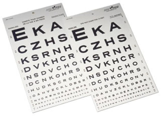 Two eye chart sheets for vision testing with black letters in descending size order