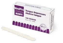 MedPro box of tongue depressors with one wooden depressor for medical use
