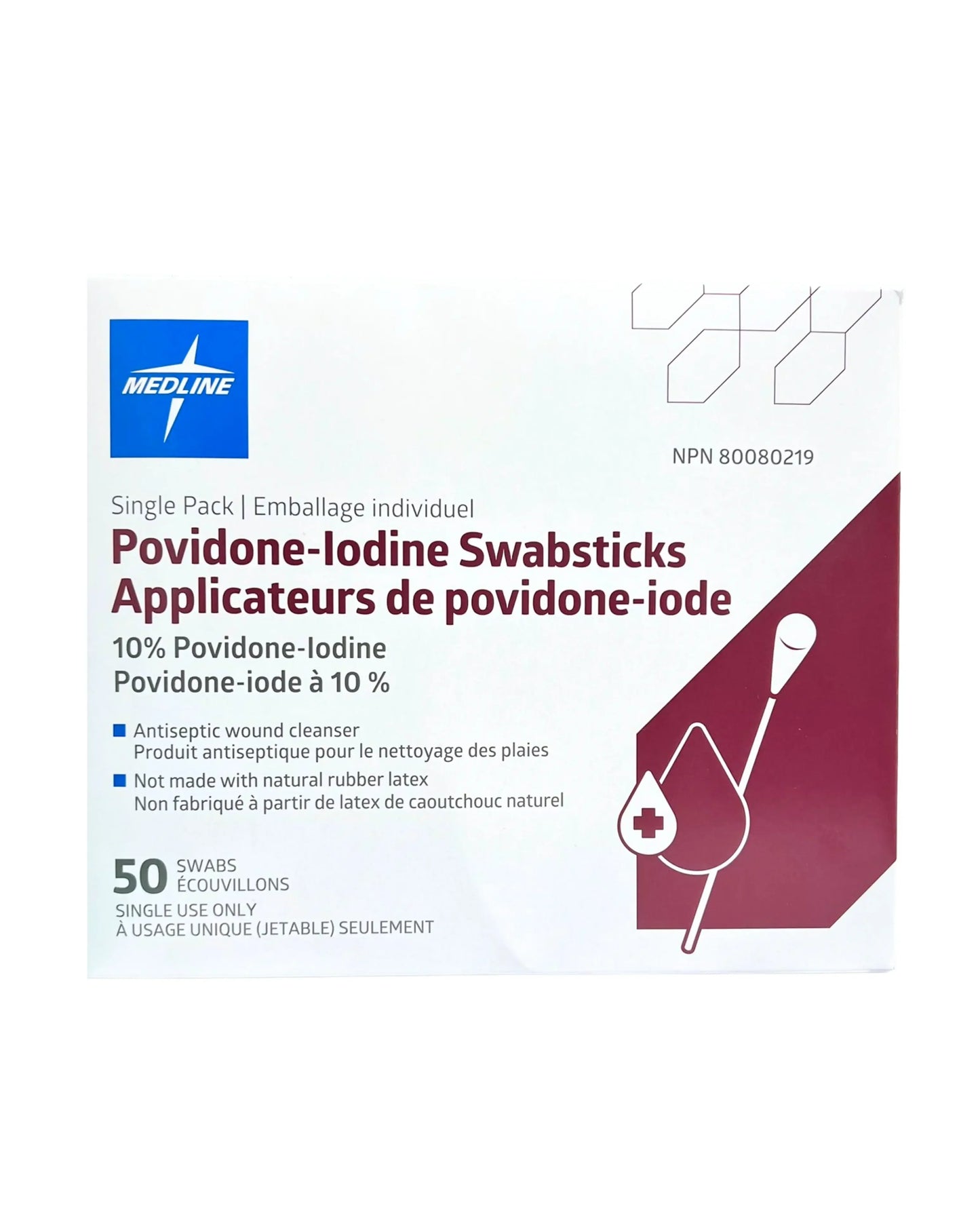Box of 50 Medline povidone-iodine swabsticks, antiseptic wound cleanser, 10% iodine.