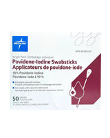 Box of Povidone-Iodine Swabsticks 10% antiseptic wound cleanser, 50 single-use swabs.