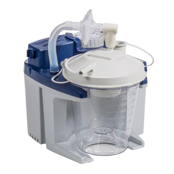 Portable medical suction machine with clear canister, blue and white housing, and attached tubing