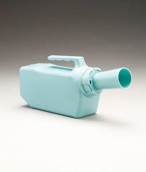 Light blue plastic male urinal bottle with handle for home care or medical use
