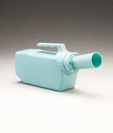Plastic portable urinal bottle for medical and home care use on a neutral background