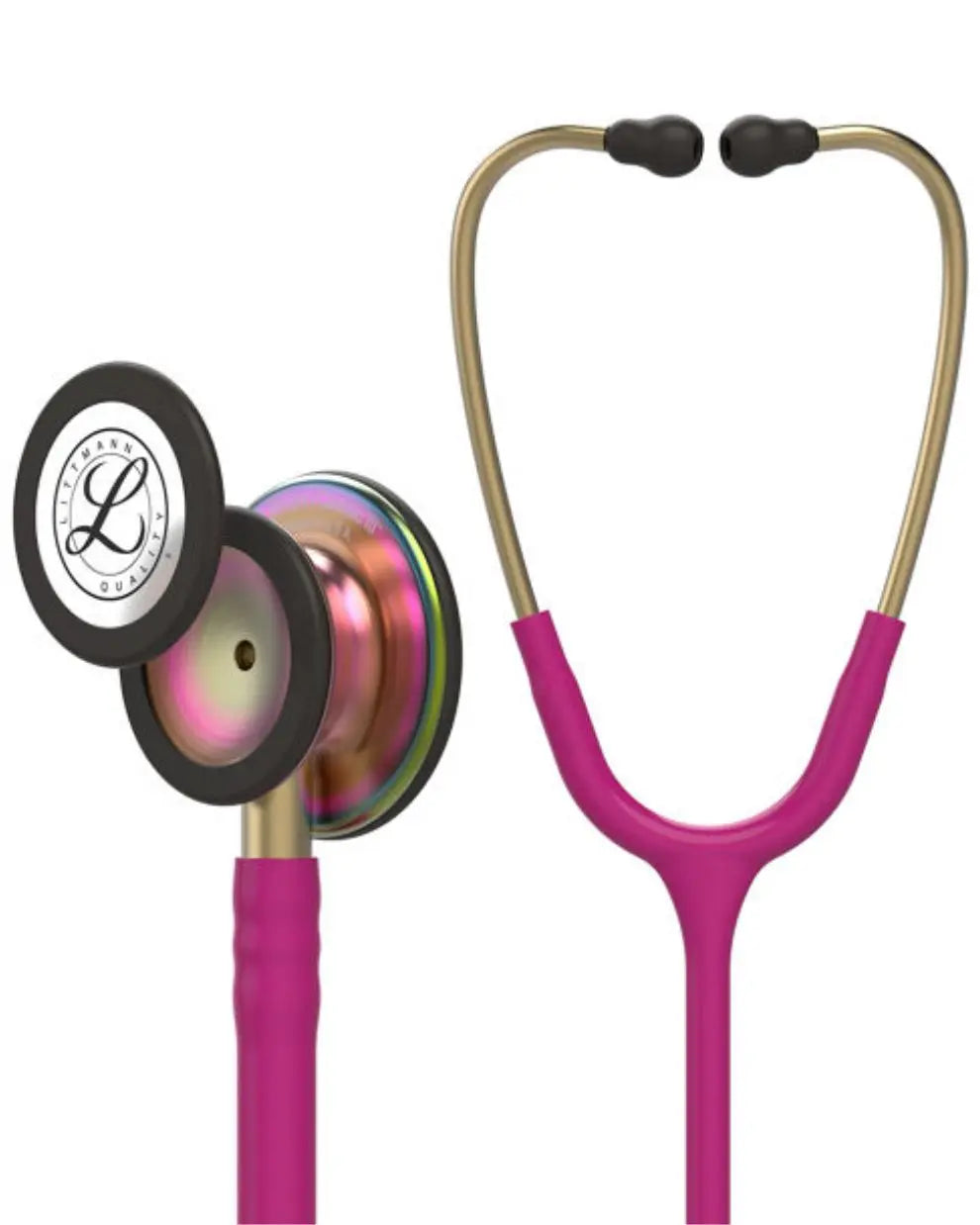 Pink and gold stethoscope with rainbow-finish chestpiece for medical and healthcare use