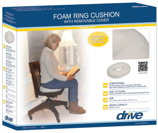 Foam ring cushion for home care, elderly woman sitting on chair using cushion, product box