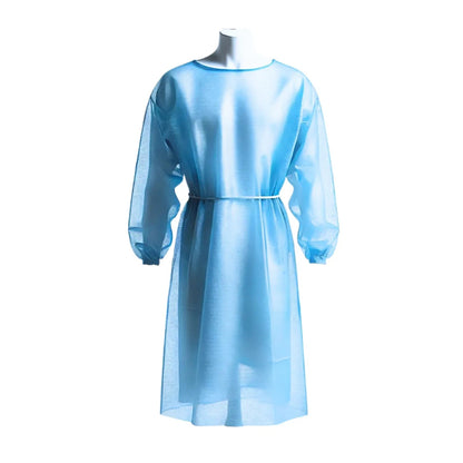 Disposable blue isolation gown with long sleeves on a mannequin, medical protective wear