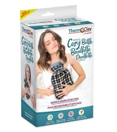 Woman using plaid waterless hot bottle, ThermoClay cozy bottle packaging, home care product