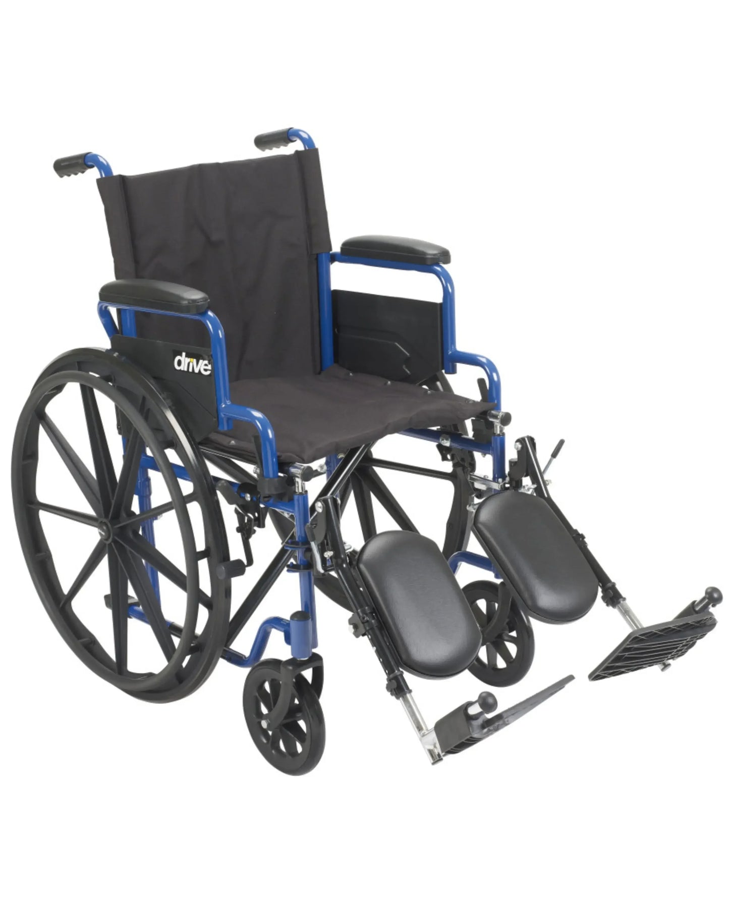 Lightweight manual wheelchair with elevated leg rests, blue frame, and black seat