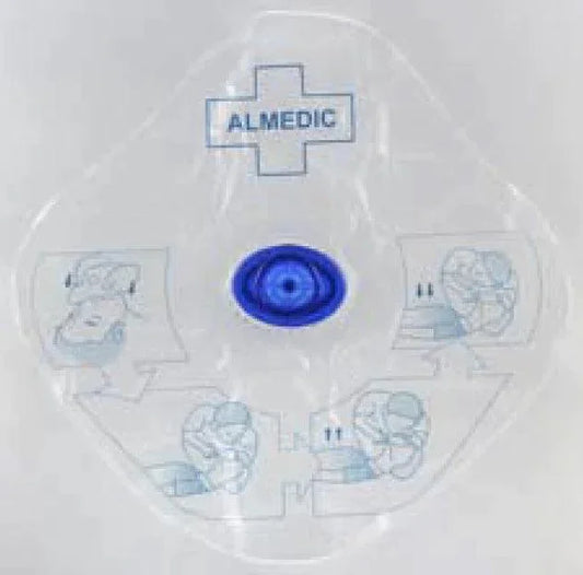CPR face shield with blue one-way valve and illustrated rescue instructions