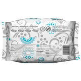 Back of baby wipes package with gray and blue pattern, product instructions, and barcode