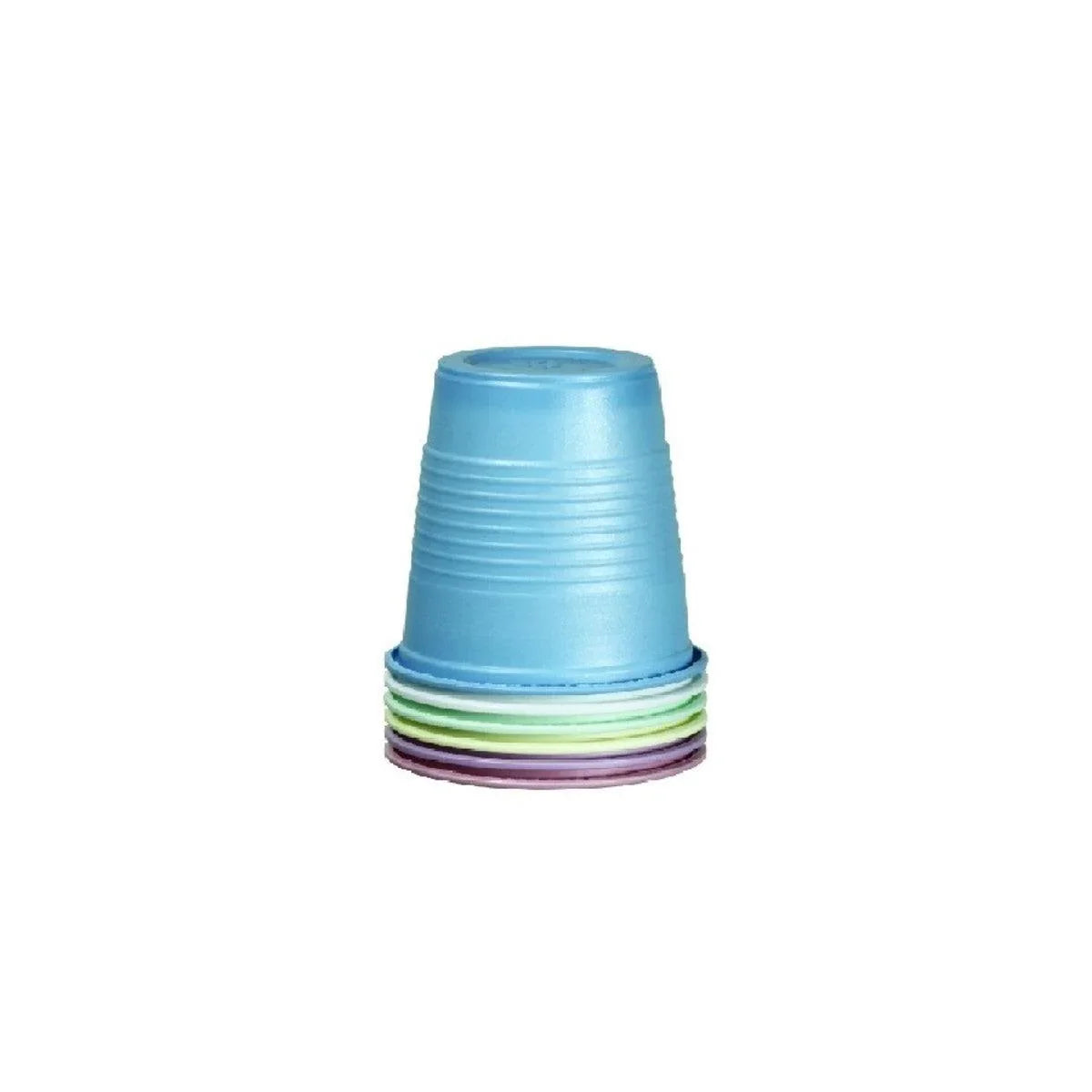 Stack of colorful plastic medicine cups on white background, ideal for home care and medical use