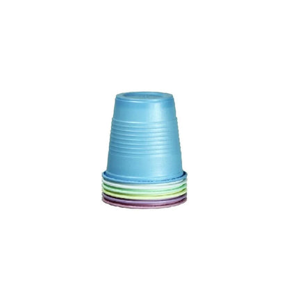 Stack of multi-colored disposable plastic cups for medical or home care use