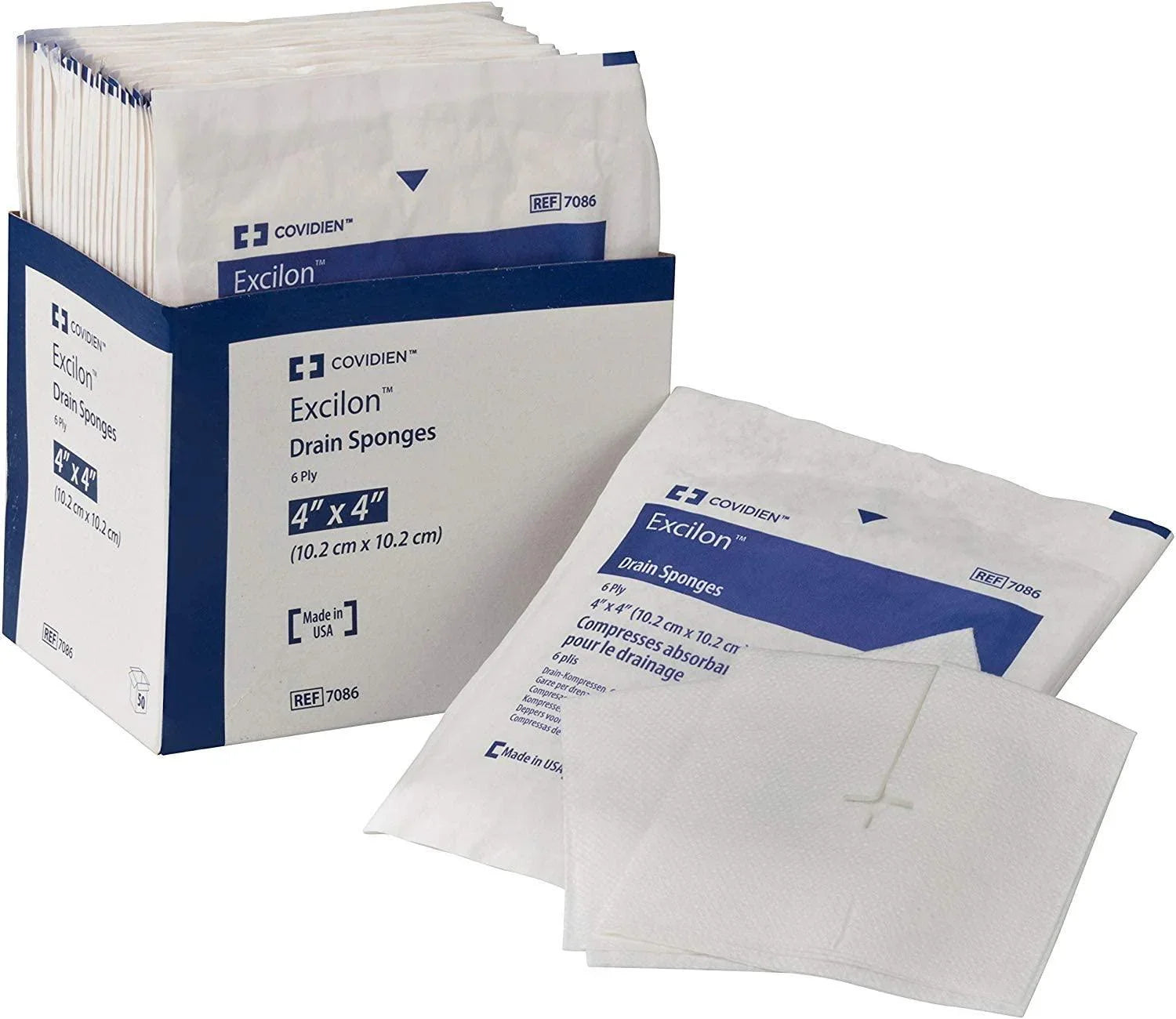 Box of Covidien Excilon 4x4 inch drain sponges, sterile medical gauze pads