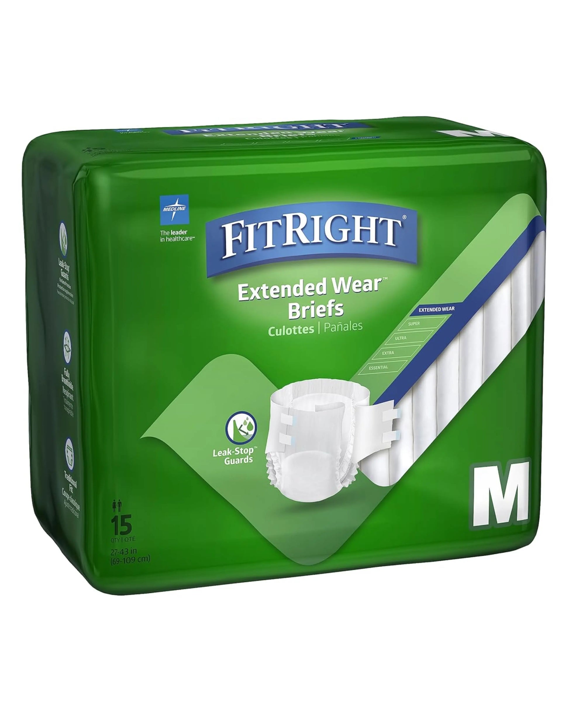 FitRight Extended Wear Briefs medium pack, adult incontinence diapers, 15 count