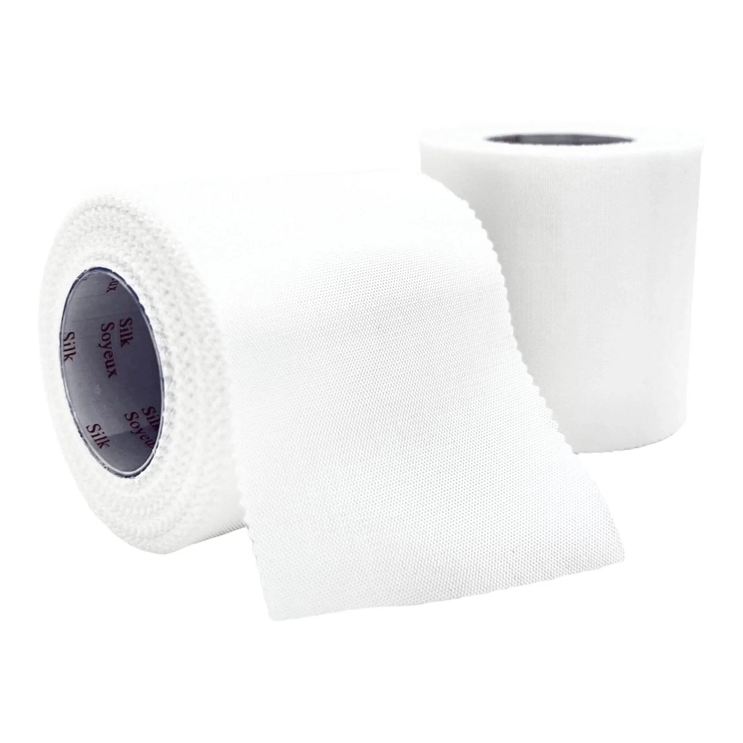 Two rolls of white medical tape, one partially unrolled, for wound care and bandaging