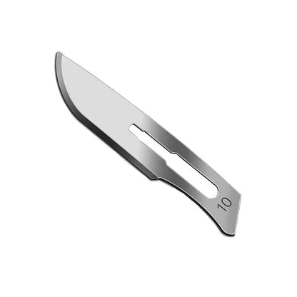 Stainless steel surgical scalpel blade size 10, medical instrument on white background